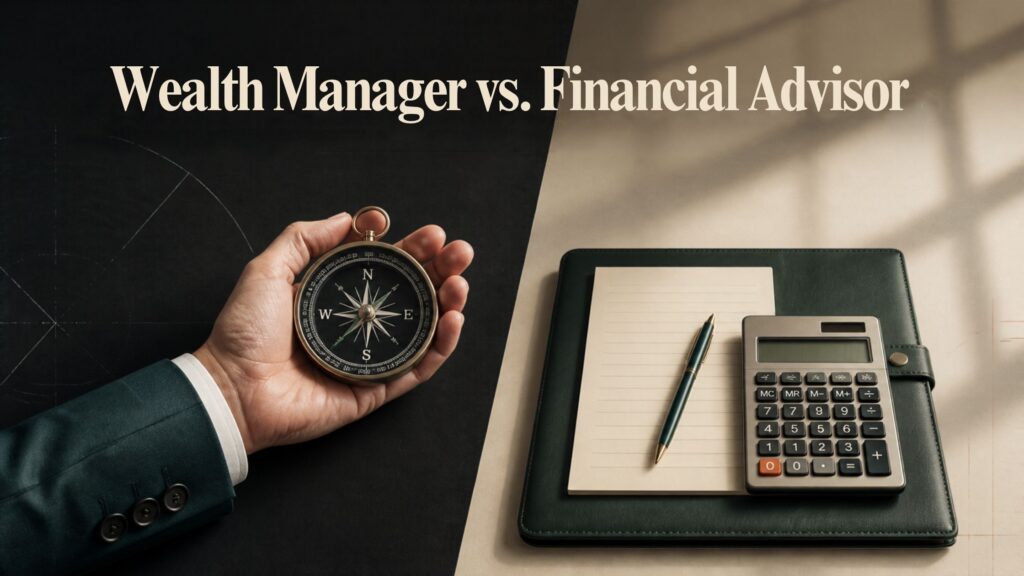 Wealth Manager vs. Financial Advisor: hand holding a compass beside a notepad, pen and calculator